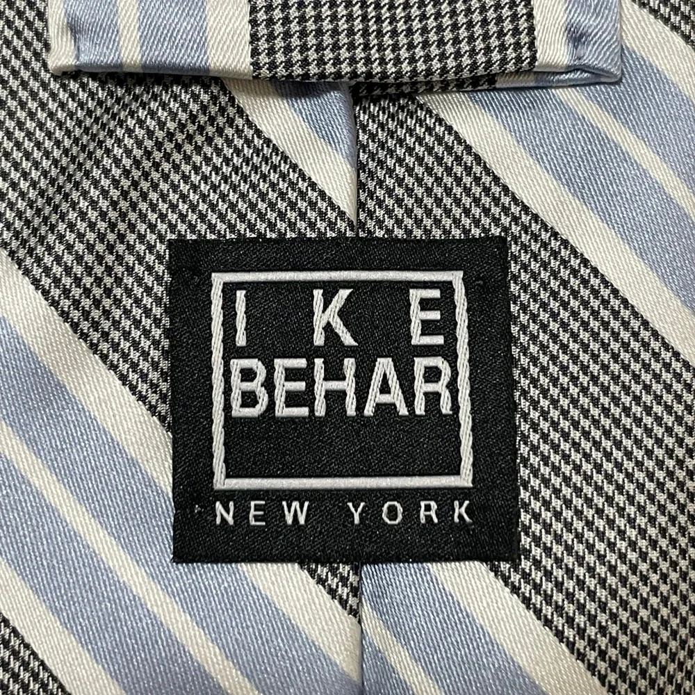 Ike Behar Silk Tie Wedding Formal Blue White Black Striped Hand Tailored USA